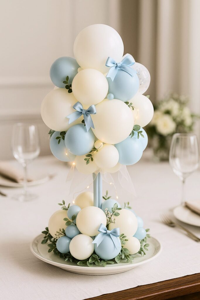 white blue topiary balloon centerpiece with sprigs of greenery and baby blue ribbon bow accents on a white plate base with blue stand