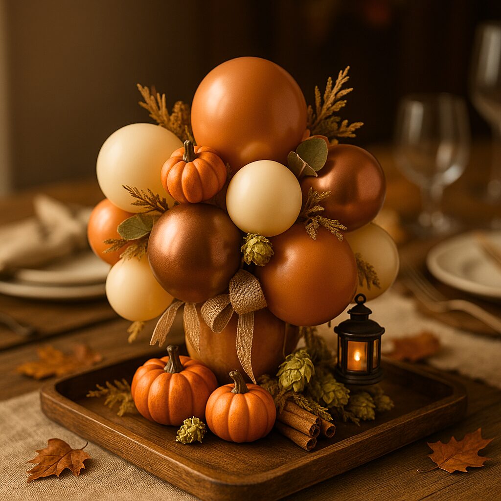 Harvest-Themed Balloon Sculpture with Mini Pumpkins