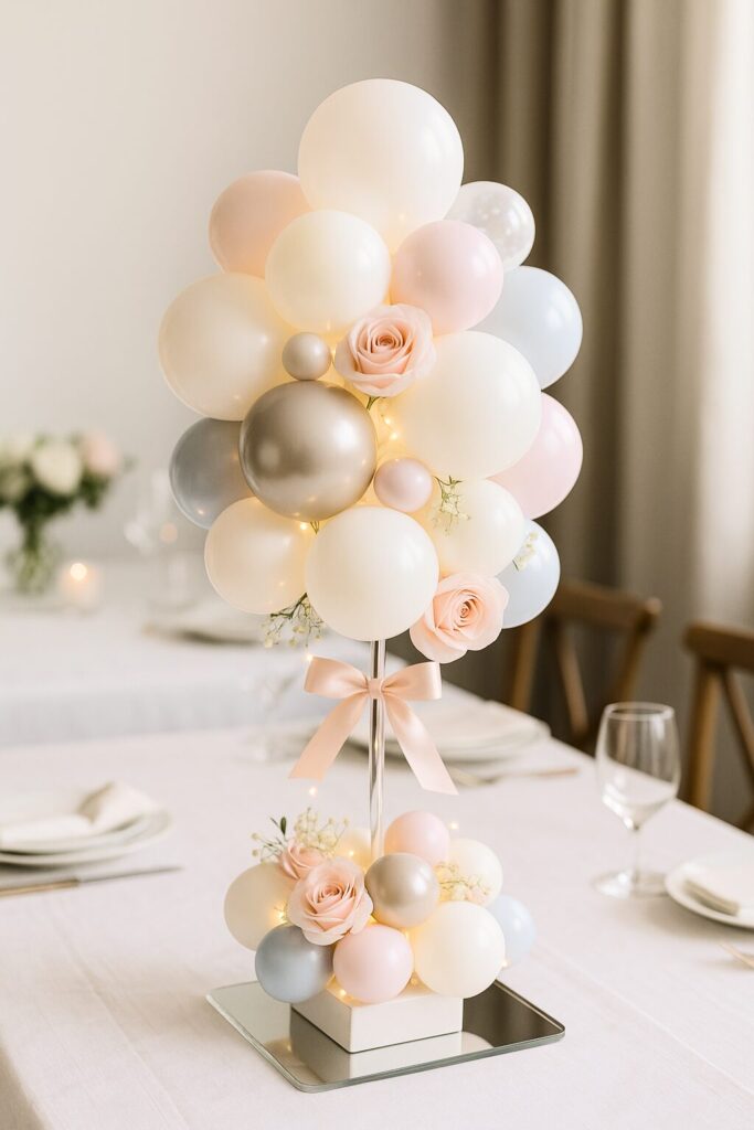 pink cream grey mini balloons in a cluster with pink bow and rose accents on a silver mirrored stand as a table centerpiece