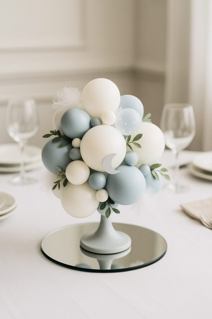 white blue mini balloon cloud for tables with moon shaped paper cutouts and sprigs of greenery