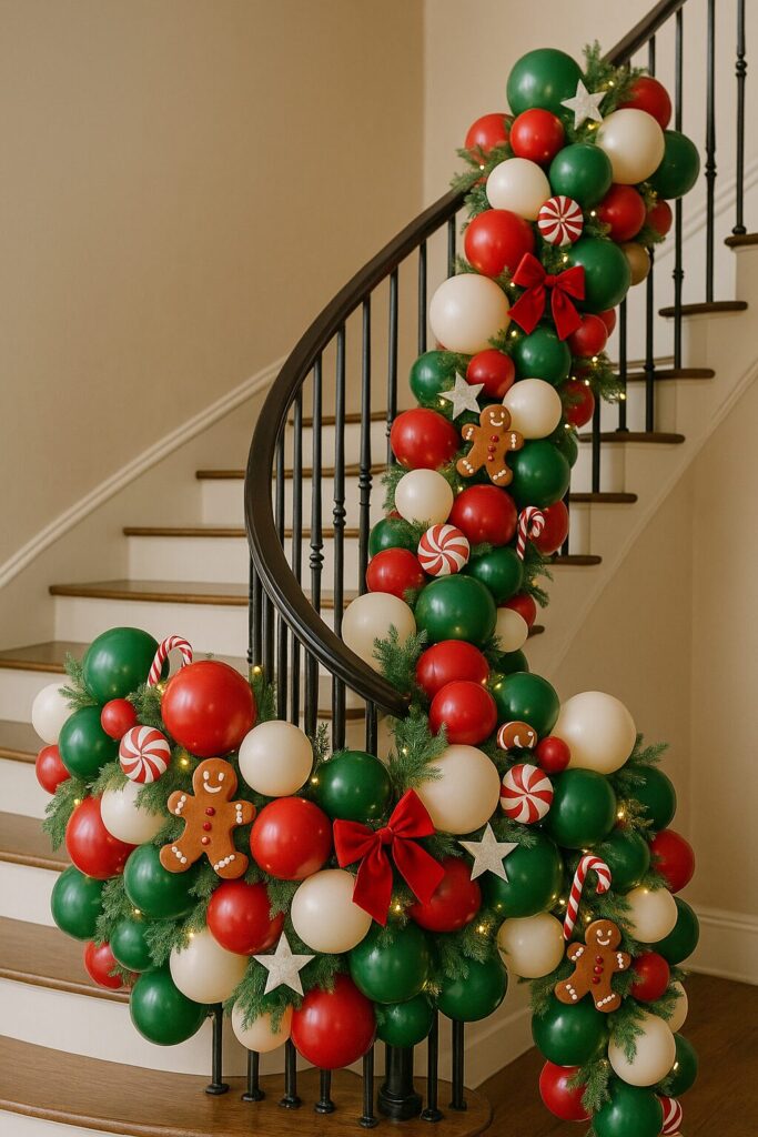 Classic Gingerbread Christmas Stair Rail Garland in red white and green balloons with candy and bow accents