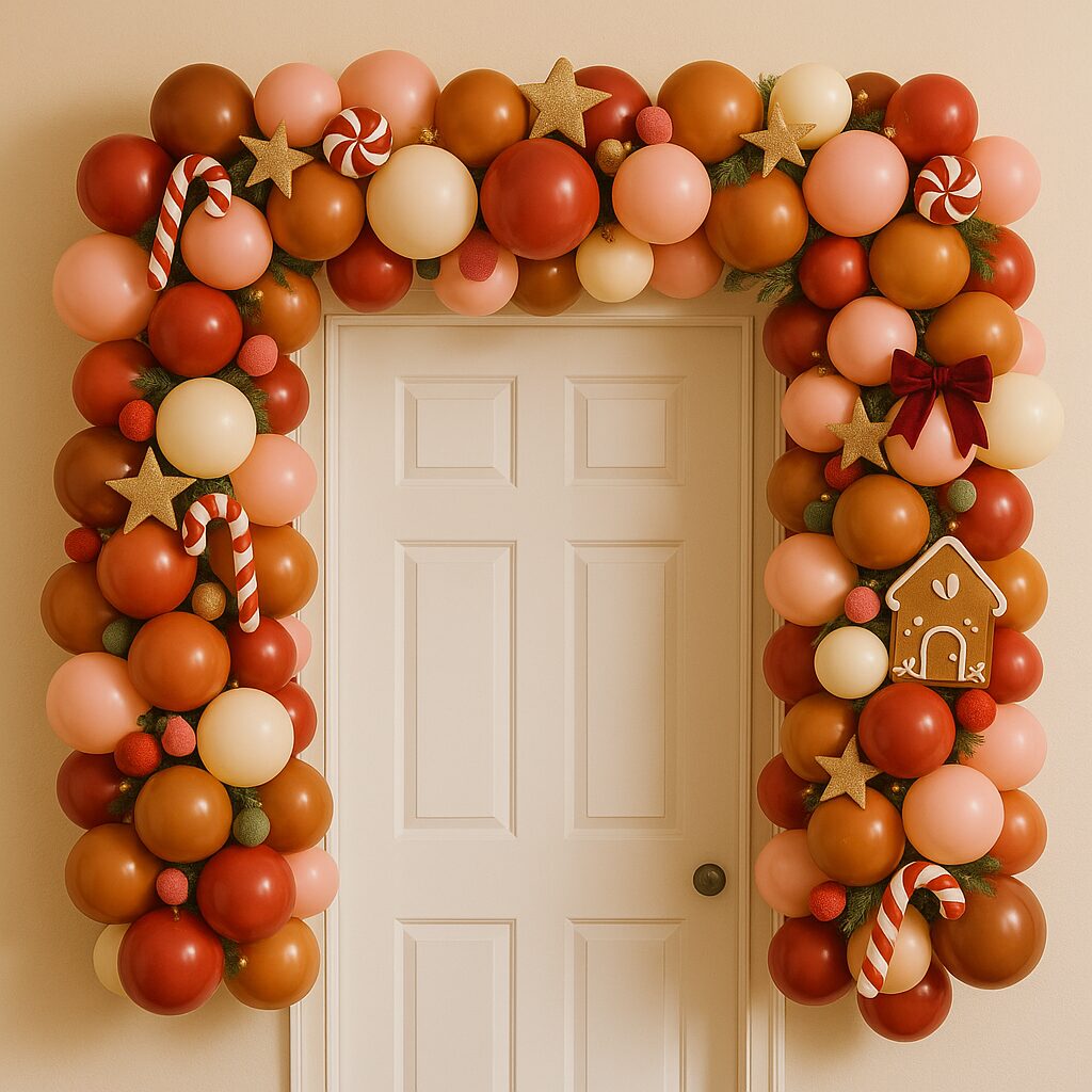 Gingerbread House Entryway Garland with mix of balloon sizes in pink red brown cream with peppermint candy star and bow accents