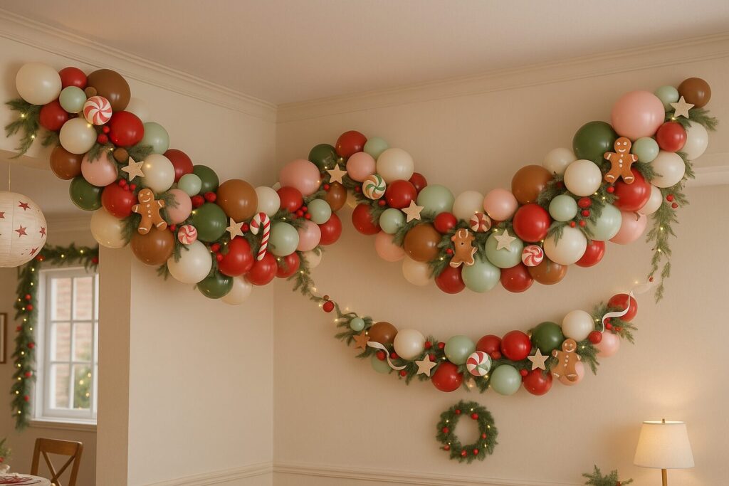 Gingerbread Party Room Balloon Garland in green brown white pink and red draped along the top of a wall