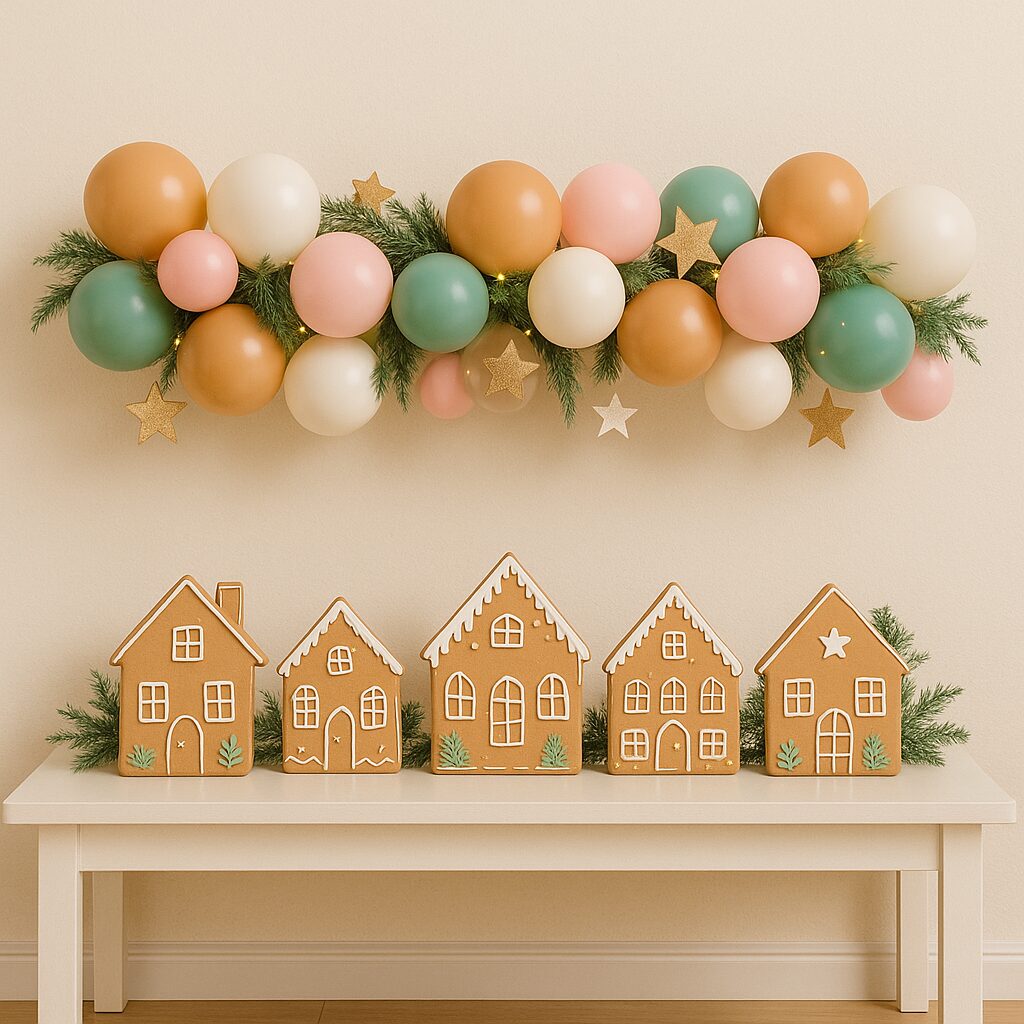 Gingerbread Village Balloon Accent in pink brown and green with stars and greenery