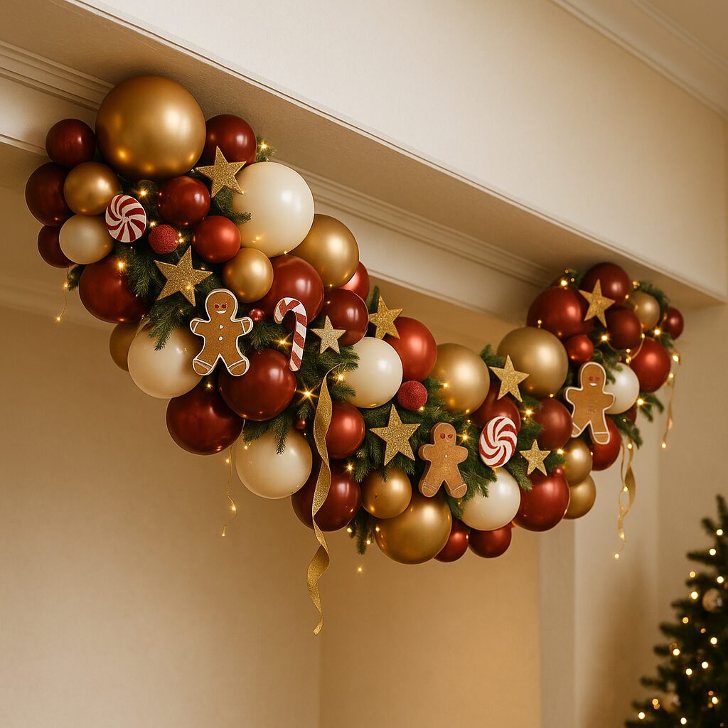 Luxe Gingerbread Ceiling Garland with mixed balloon sizes and gold stars cutouts candy canes and ribbon accents