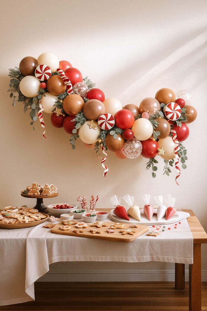Peppermint-Iced Gingerbread Balloon Garland accented with peppermint candies and star cutouts draped above a dessert table