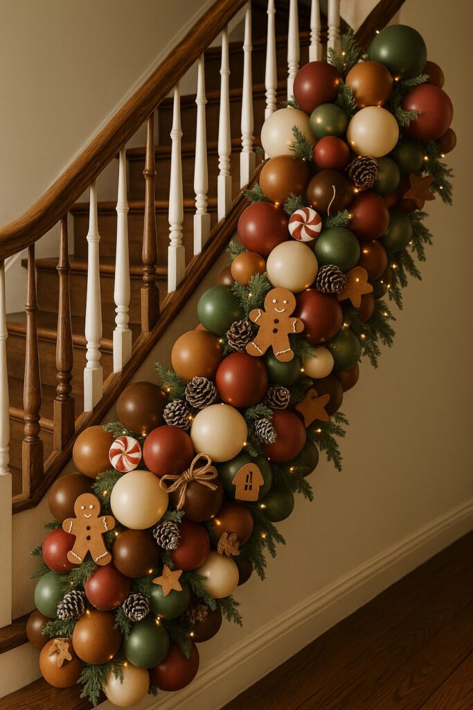 Rustic Gingerbread Staircase Garland with pine cones lights and felt cutouts