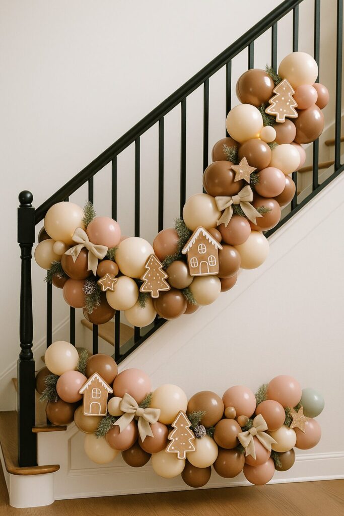 Soft Gingerbread Cottage Stair Rail Garland in cream pink and brown balloons with cookie cutout shapes