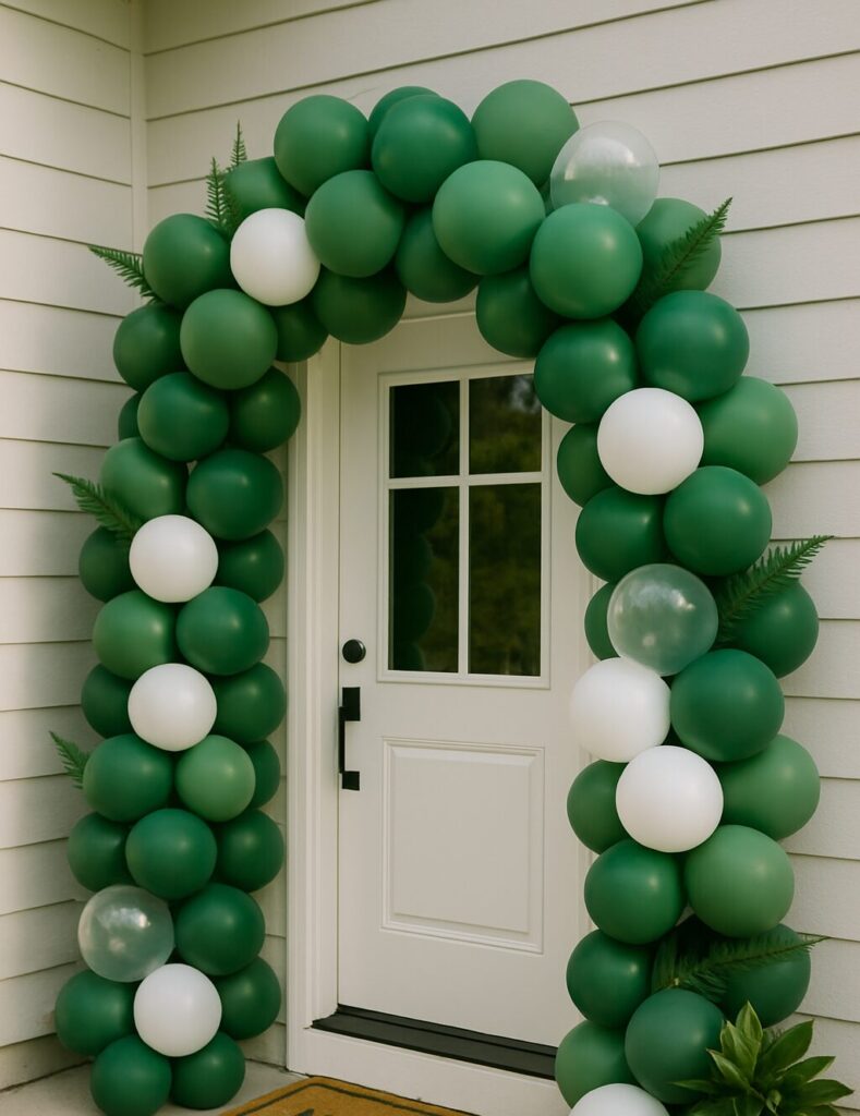 Dark green and white balloon arch with fern accents