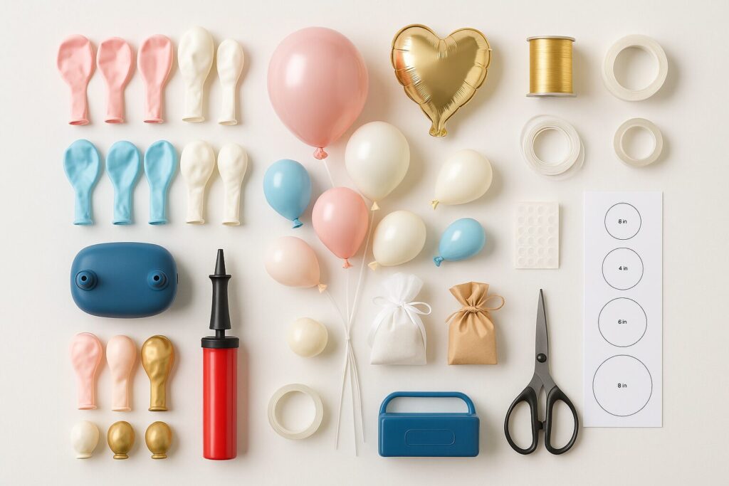 Flat lay of balloon centerpiece supplies
