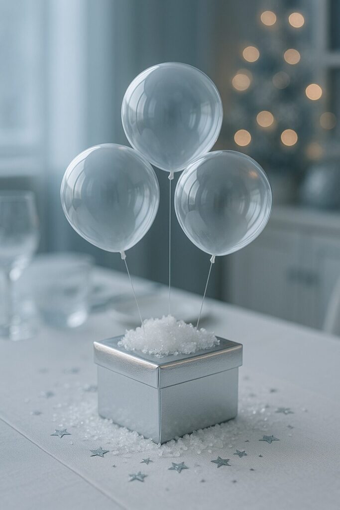 Floating Crystal Clear Orbs Over a Silver Base Balloon Centerpiece