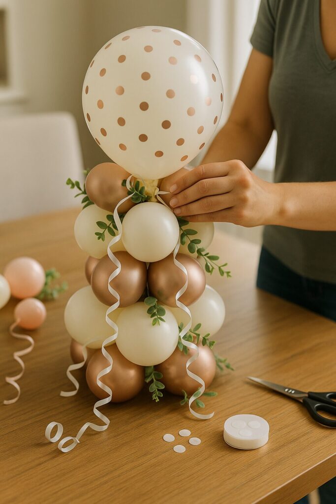 Hands attaching top balloon to centerpiece