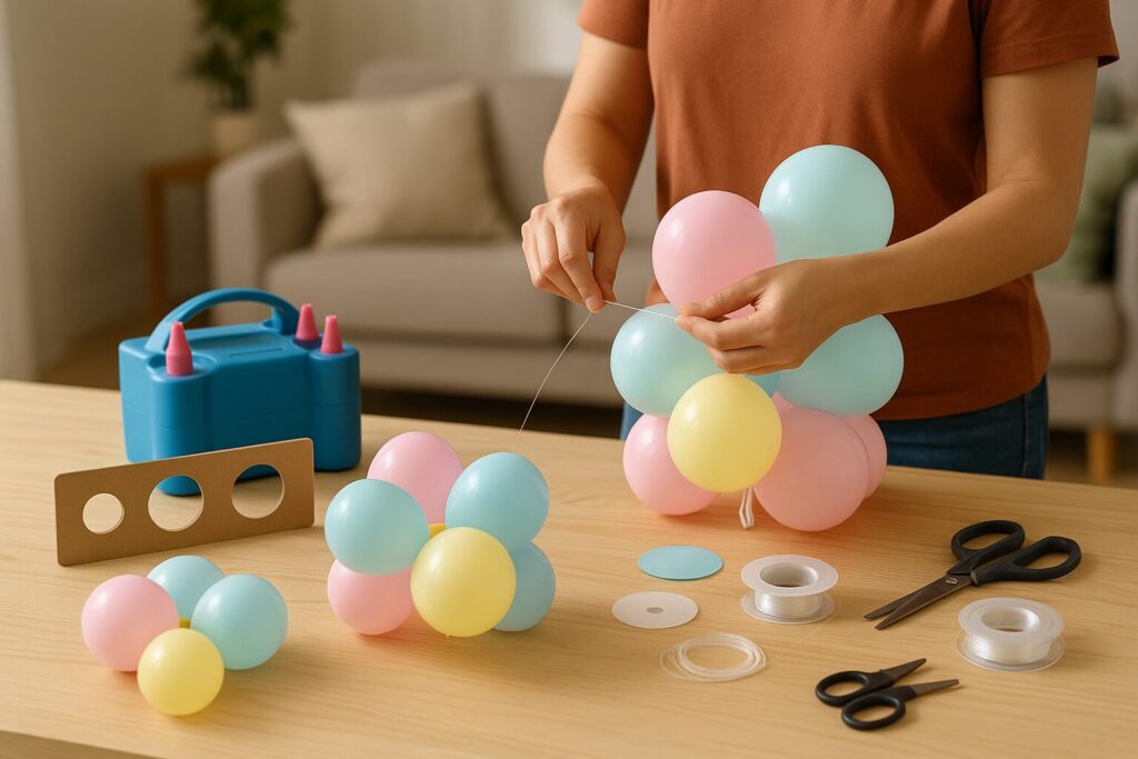 Parent working on balloon centerpieces with pump and guides
