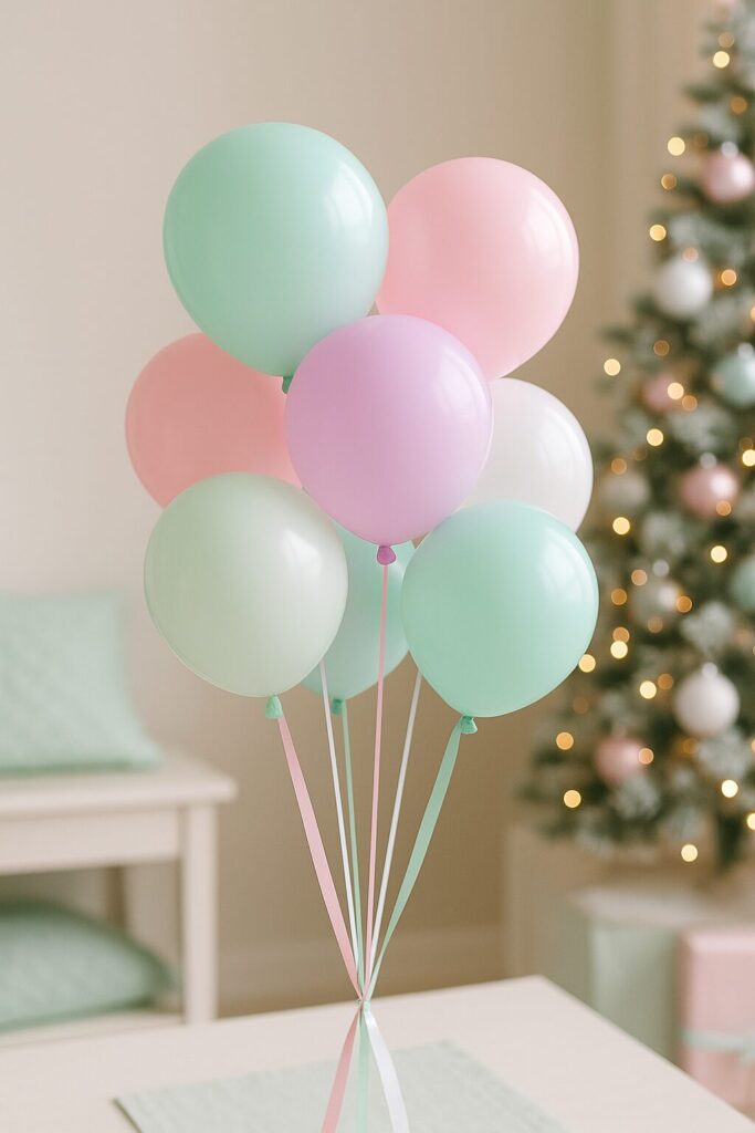 Pastel balloon bunch with pink Christmas decor