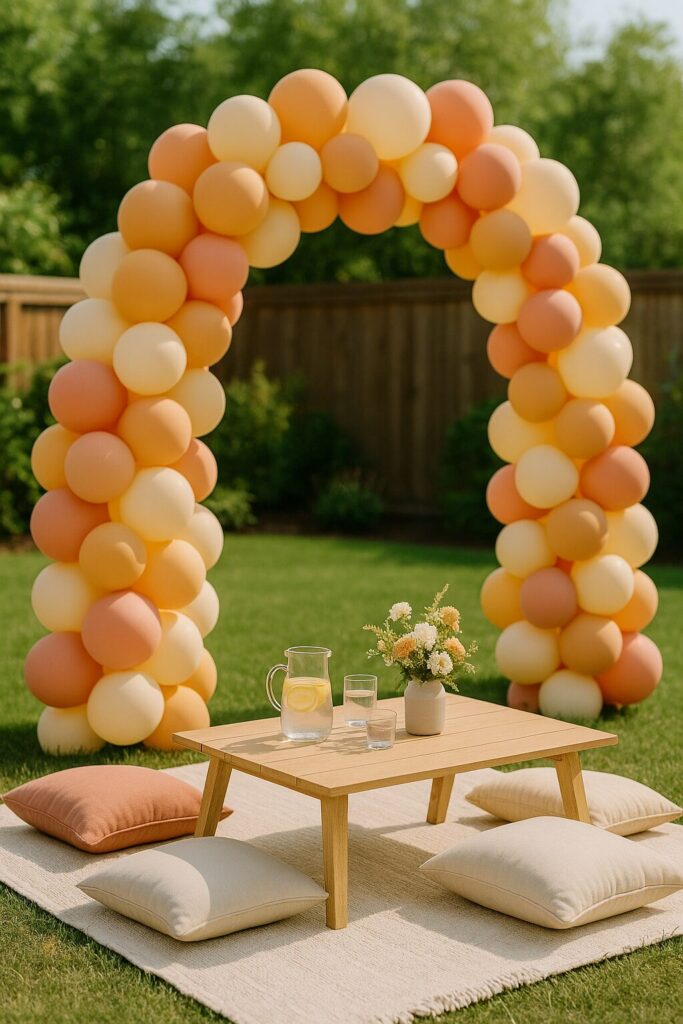 Peach cream and rose swirl outdoor balloon arch