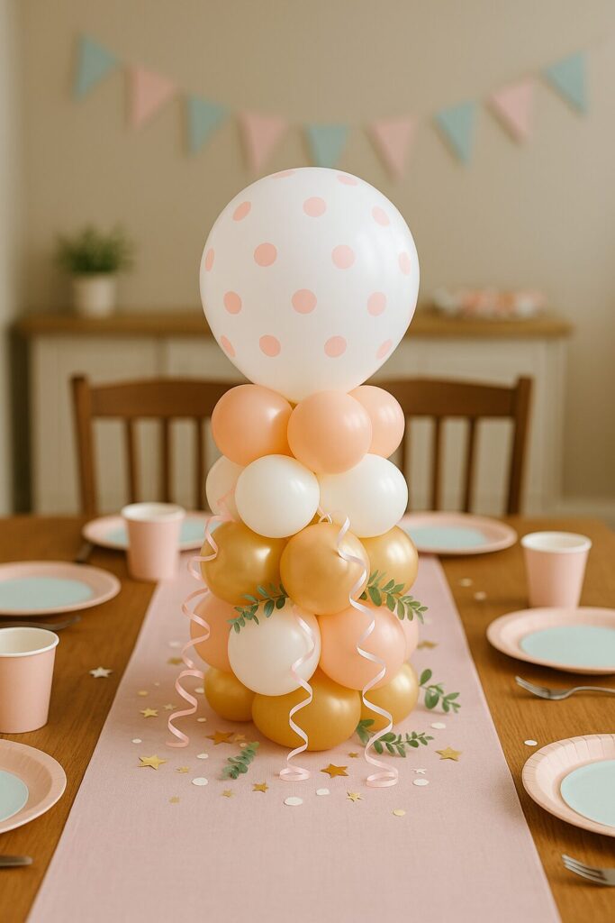 Pink white and gold balloon centerpiece on table