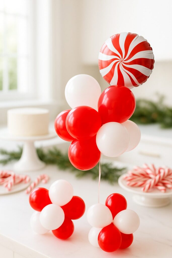 Red and white balloons with peppermint pick