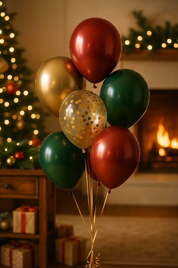 Red green gold metallic balloon bunch