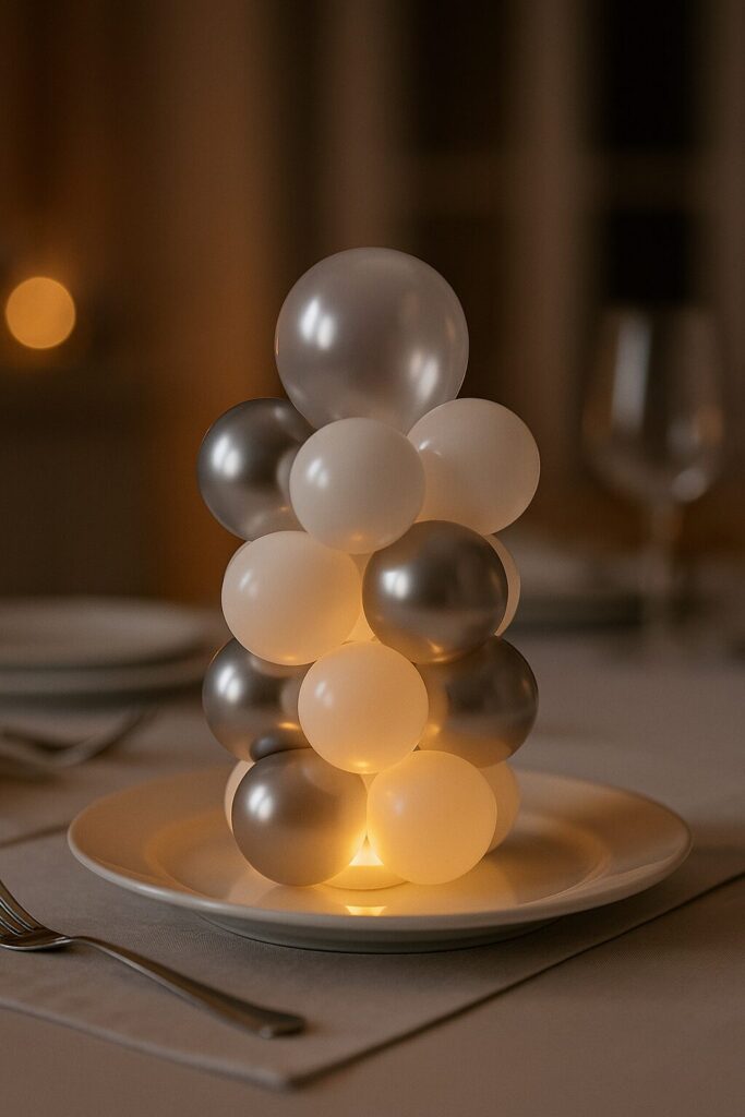 Silver-and-White Mini Balloon Column With a Soft Glow