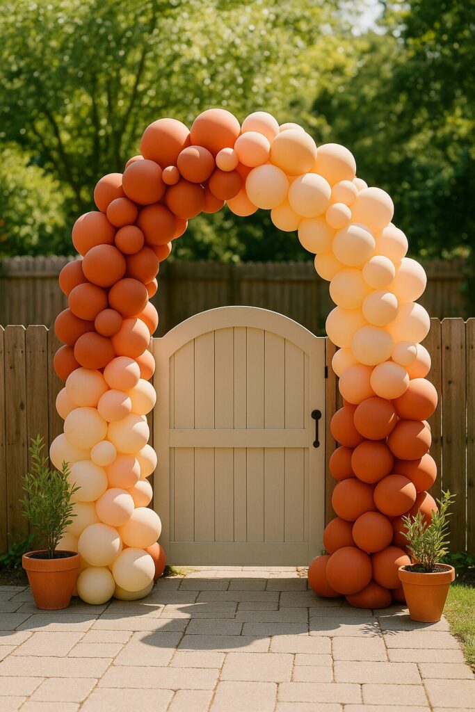 Terracotta and cream balloon arch outdoors