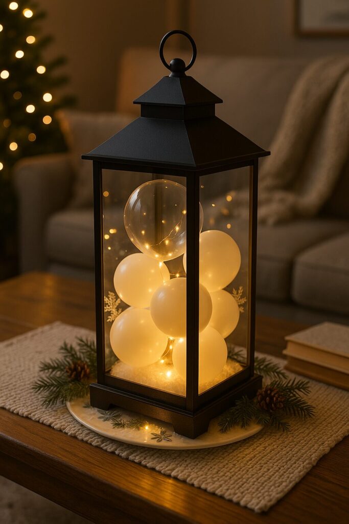 Warm white balloons in a black lantern as a table centerpiece