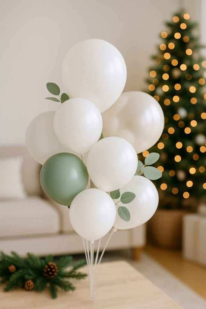 White and pale green balloons with eucalyptus