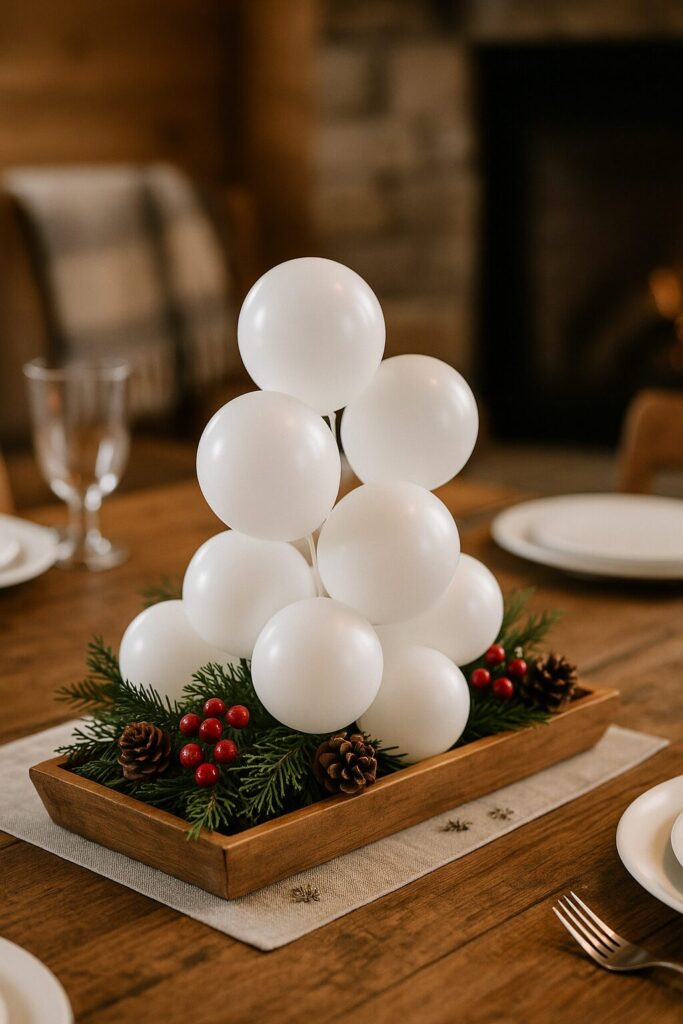 Woodland White Balloon Centerpiece With Pine and Berries