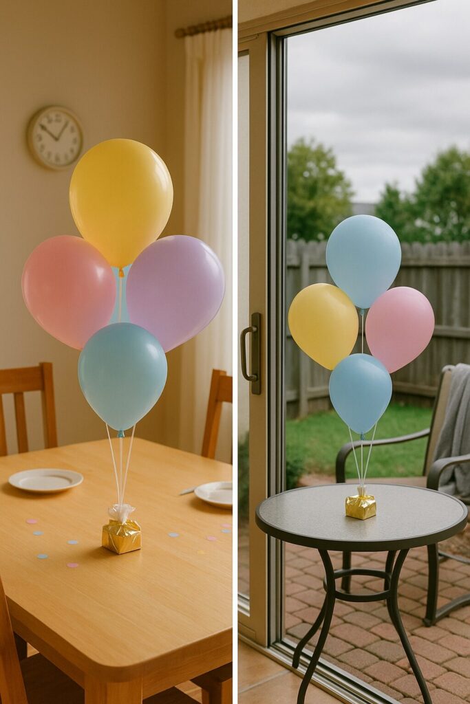 comparison of balloon centerpiece in sun and cold