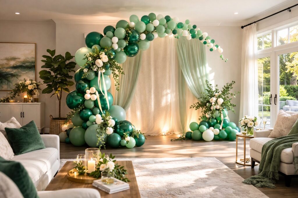 Luxe Floating Jade and Light Green Balloon Arch Indoors