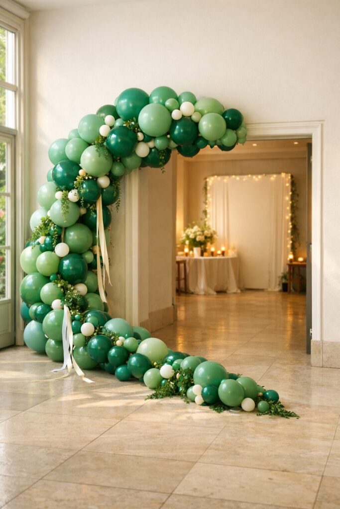 Off-Center Jade Green Balloon Spill Arch at Entry
