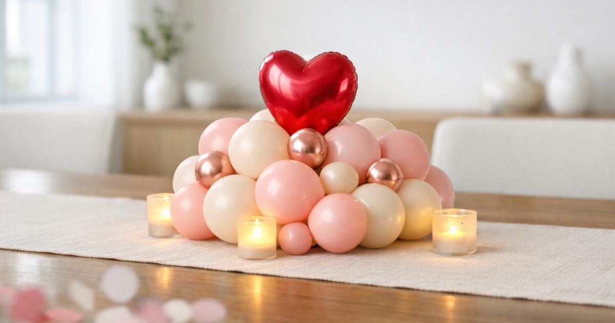 balloon table centerpiece with heart and candles