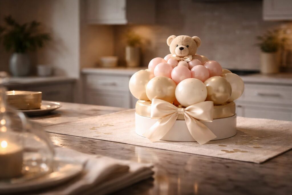 bear on top of short balloon centerpiece with bow