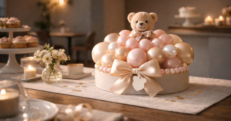 champagne and blush glam teddy bear balloon centerpiece