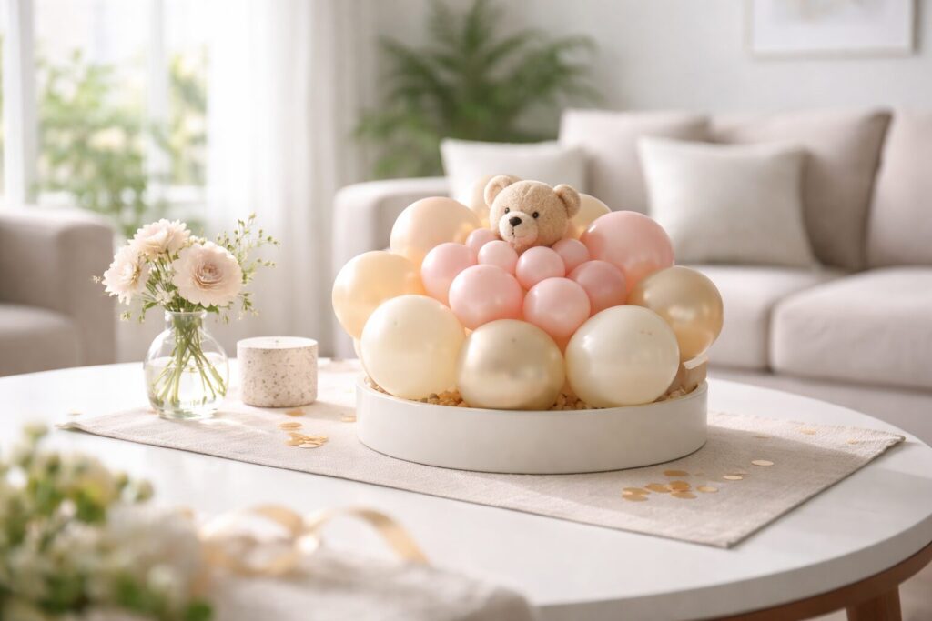 layered pink balloon centerpiece and small bear