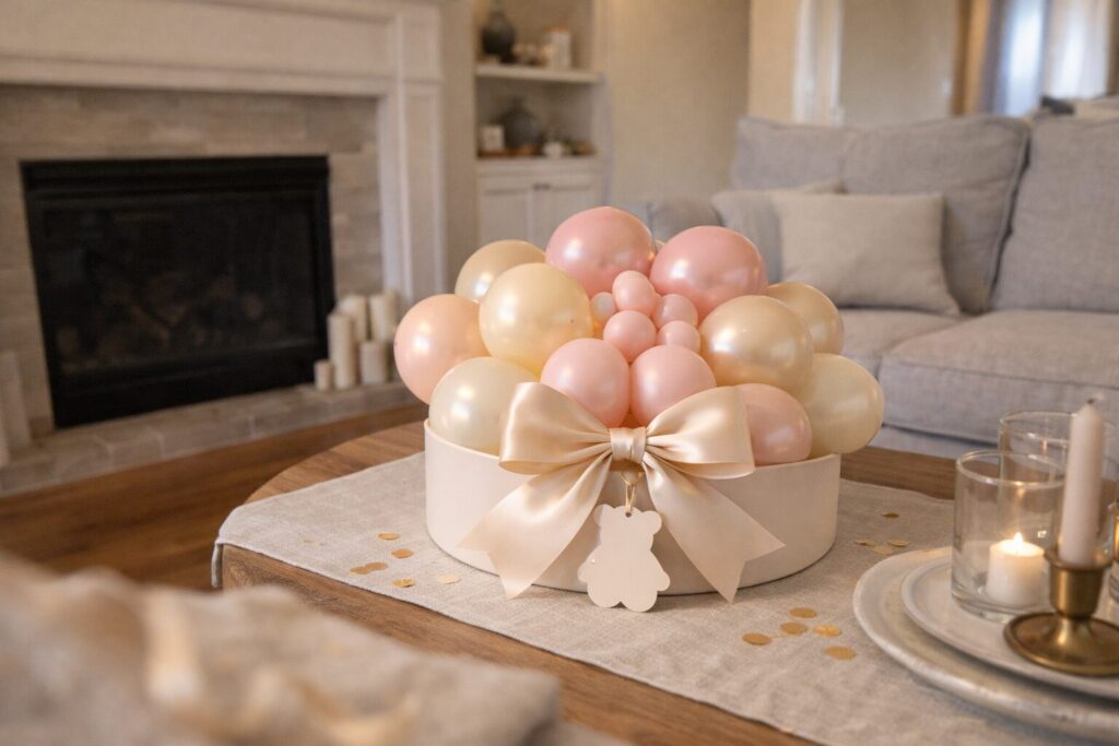 low balloon centerpiece with bow and bear tag