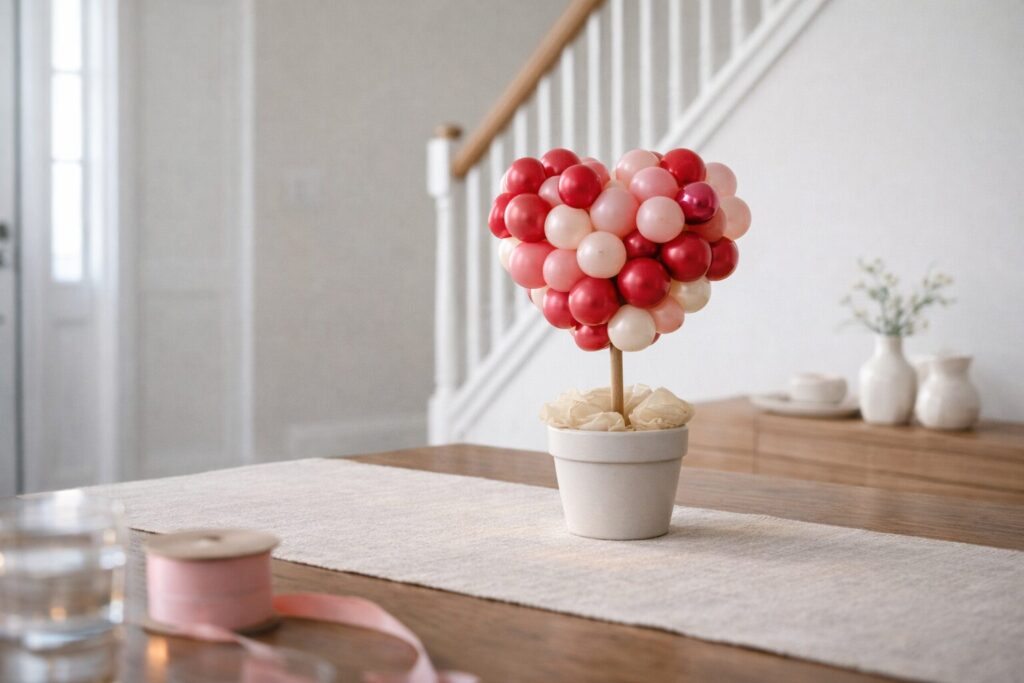 red and white heart topiary balloon tree