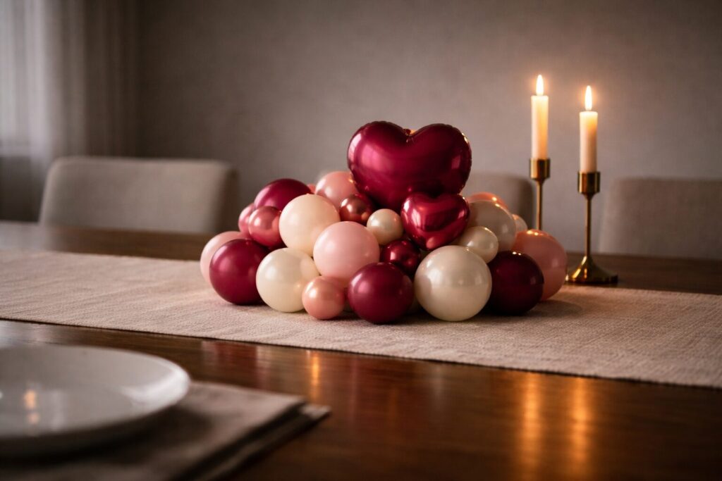 red velvet and pearl balloons table decoration