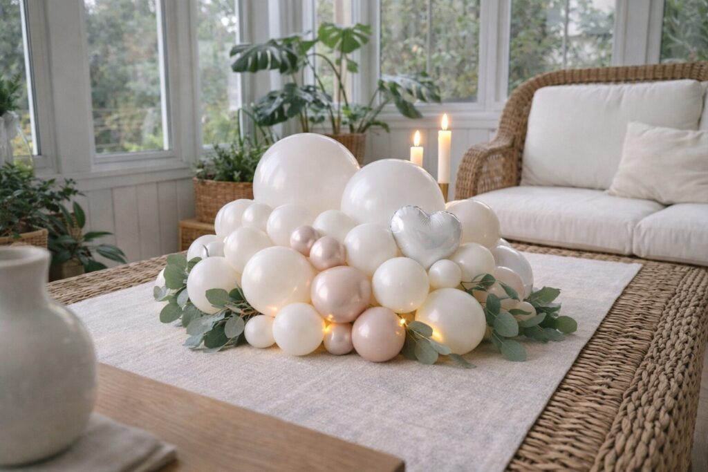 white hearts and greenery balloon centerpiece