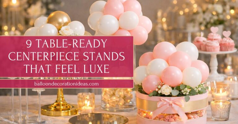 Balloon centerpiece stands in clear, gold, wood, and lighted styles for party tables