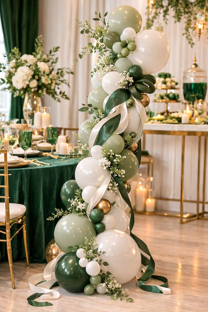 Airy spring St Patricks Day balloon column with spirals of white and dark green ribbons and sprigs of white flowers and eucalyptus