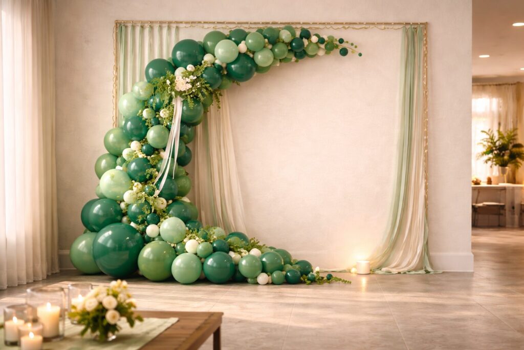 Balloon arch with window frame for greenhouse vibe
