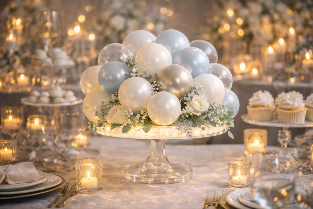Pastel blue silver clear and white balloon centerpiece decorated with roses on a light up acrylic cake stand in the middle of a party table