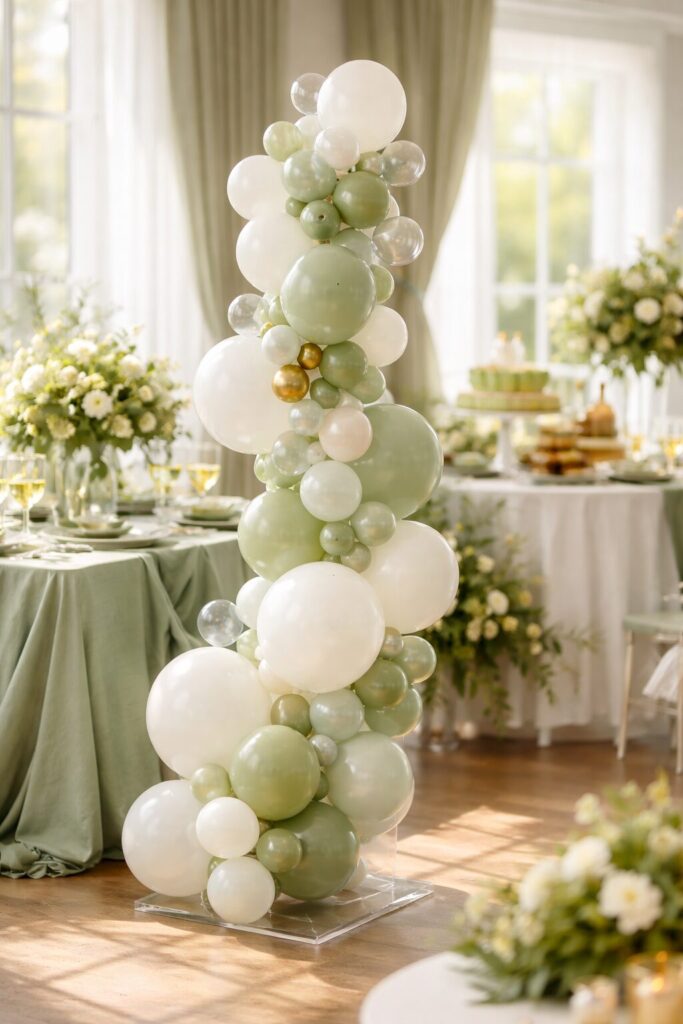 Large white and sage green balloons in a column with smaller gold clear and darker green ones sprinkled throughout