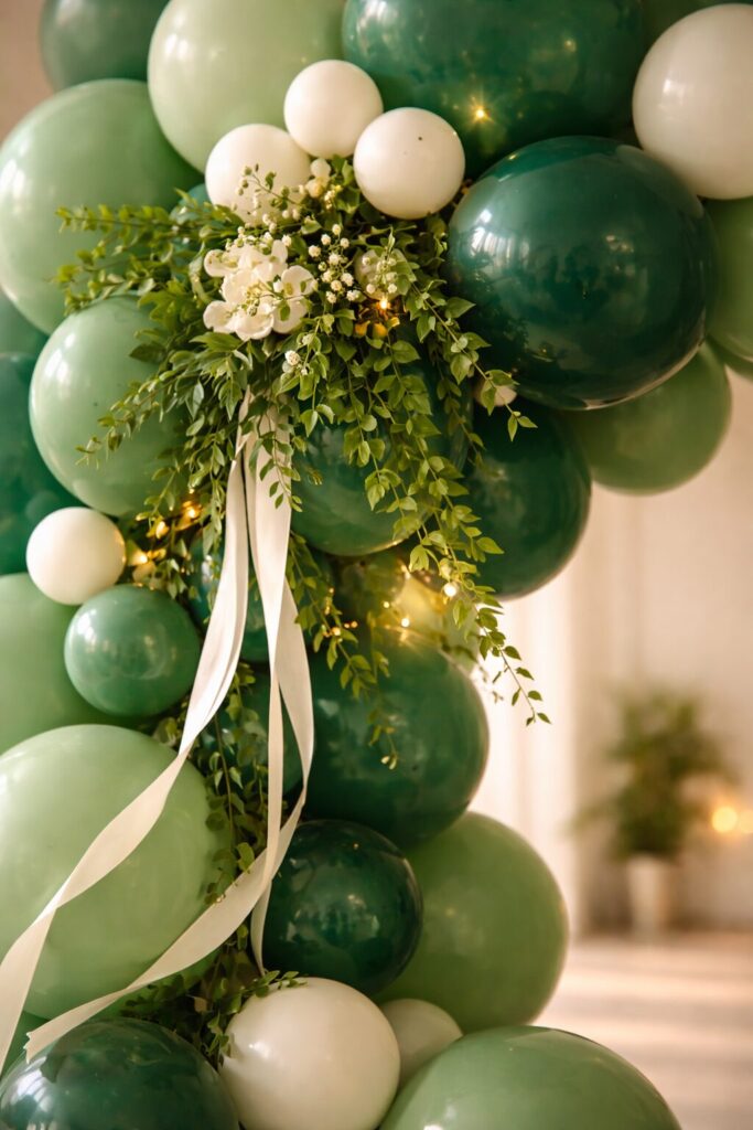 Closeup Greenery and Ribbon on Jade Green Balloon Arch