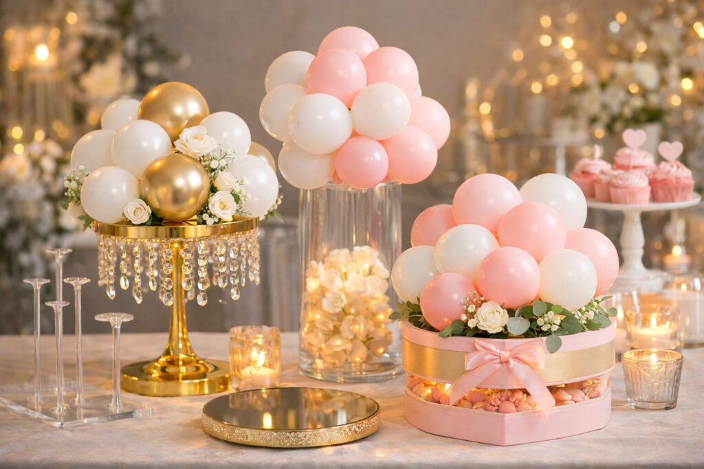 Balloon centerpiece display showing different stand heights on a dessert table