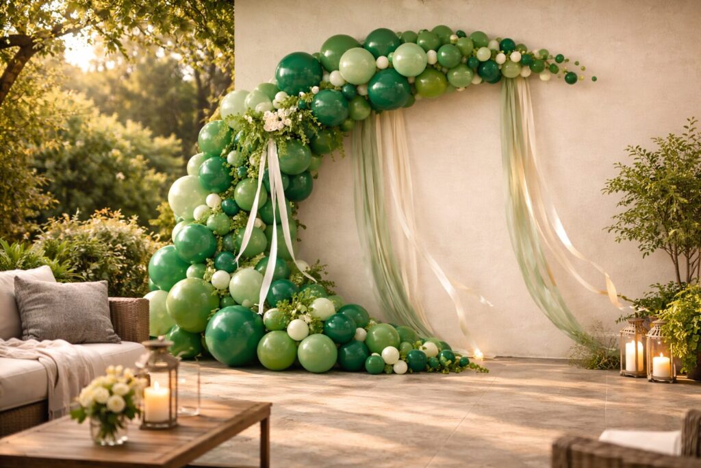 Dramatic green balloon arch outdoos ribbon streamers