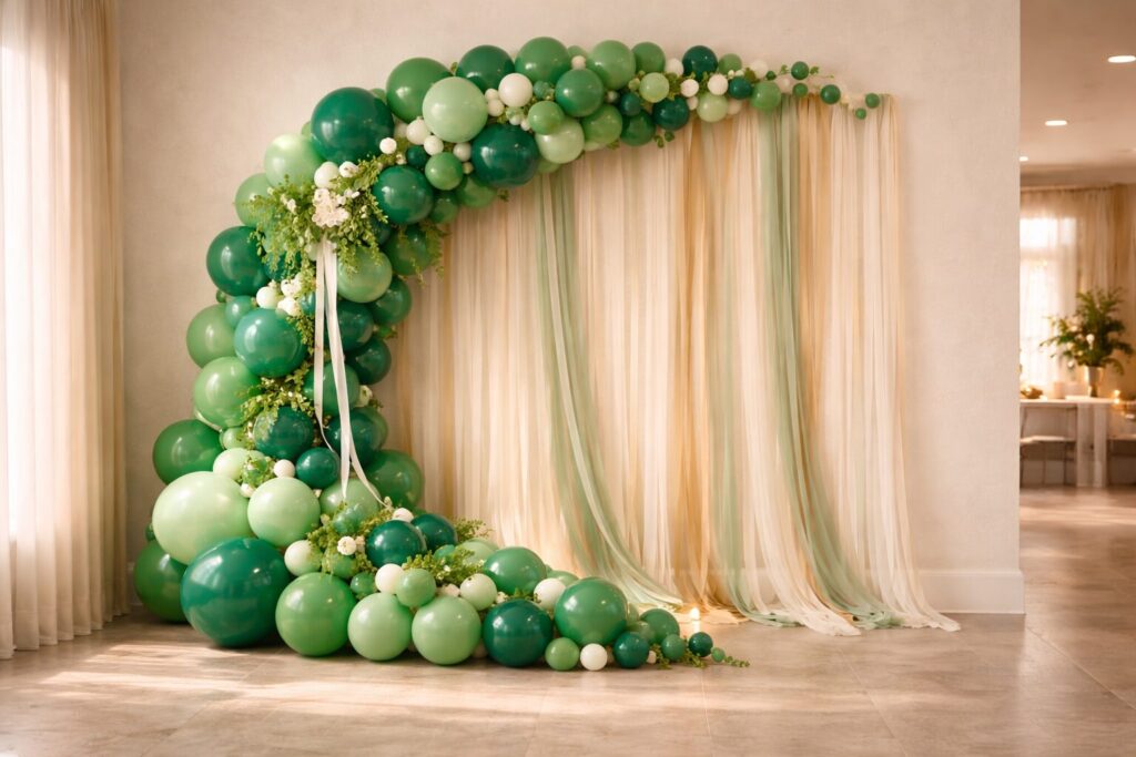 Ivory and Green Streamers as Curtain Backdrop Behind Arch