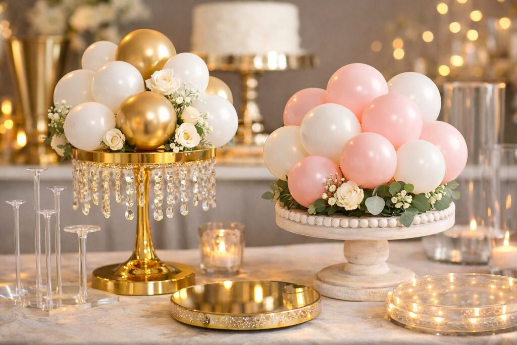 Two luxe balloon centerpiece ideas on decorative stands, one gold crystal and one whitewashed wood