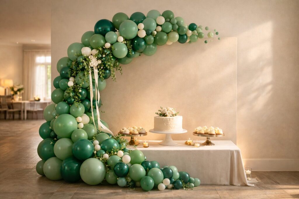 Mix of green balloons in half arch over dessert table