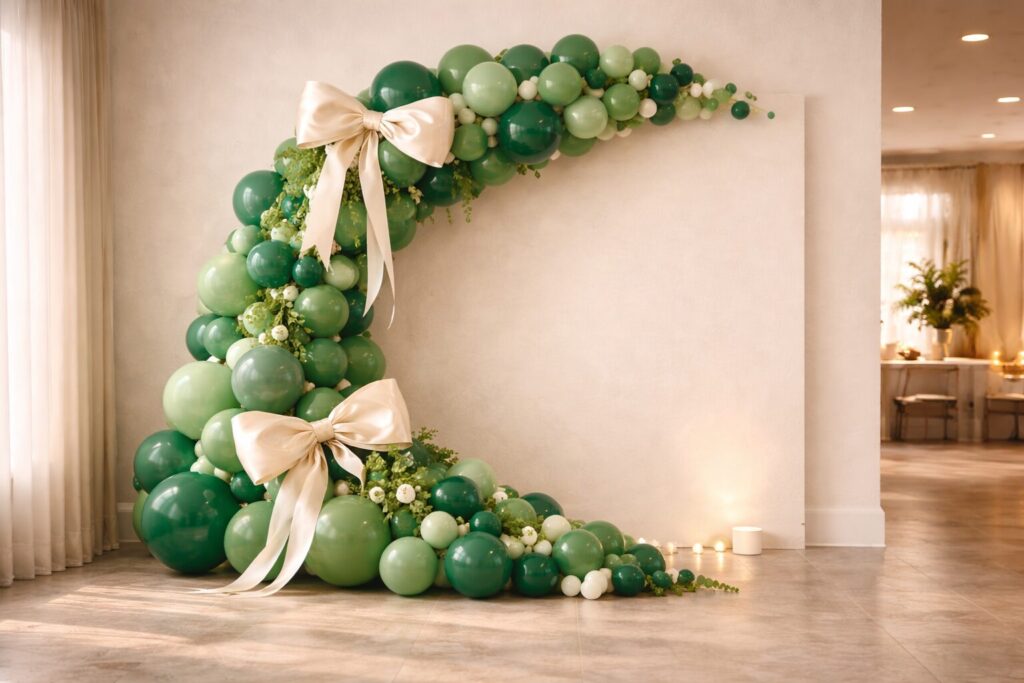 Oversized Satin Bows Covering Green Balloon Arch Mechanics